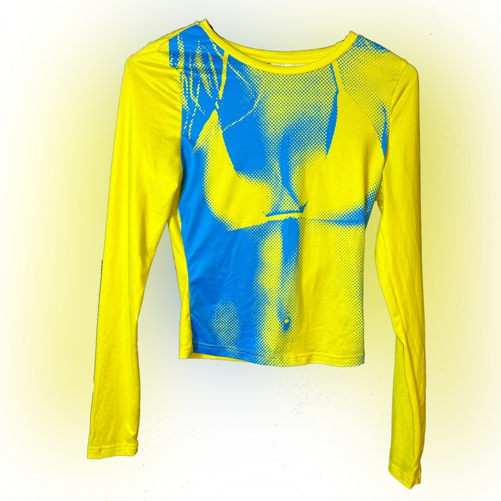 Yellow and Blue Graphic Women's Top Y2K Long Sleeve Small